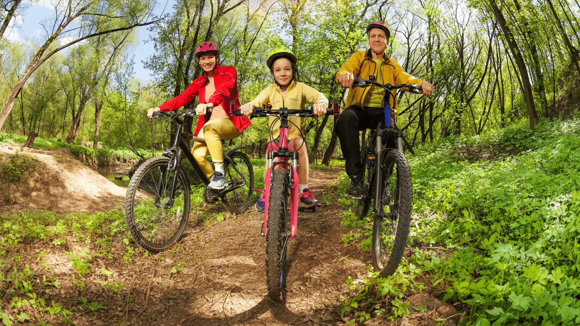 Family biking in Brown County State Park with kids in Nashville Indiana